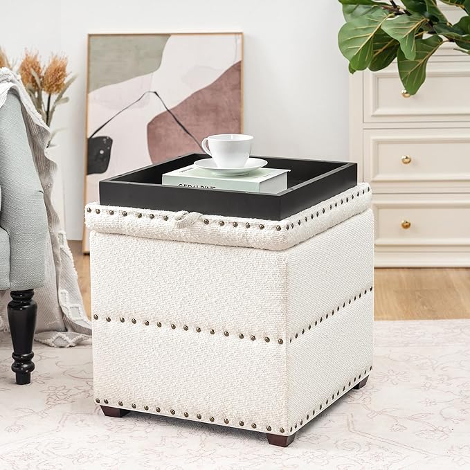 Adeco 18" White Square Storage Ottoman with Tray, Modern Cube Ottoman Coffee Table for Dorm, Bedroom