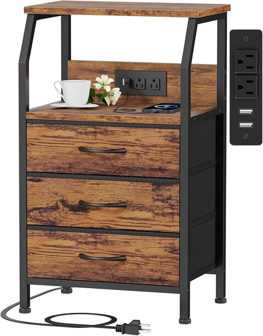 Furnulem Night Stand with Charging Station, USB Ports and Outlets, 28.3 Inch Tall Bedside Table with Wood Shelf, 3 Fabric Drawers Side Table for Bedroom, 3 Ways to Use, Rustic Brown