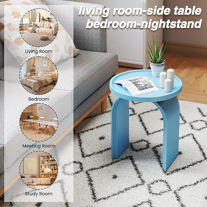 VESCASA 17.75" W Round Sofa Side Table, Modern Nightstand with Arched Wooden Legs, Small Accent End Table for Living Room, Bedroom, Baby Blue