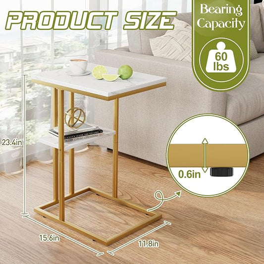 C Shaped End Side Table, Couch Sofa Table for Bed, Gold Snack Table with Metal Frame, TV Tray Table for Small Space, Living Room, Bedroom, Bedside(White Marble)
