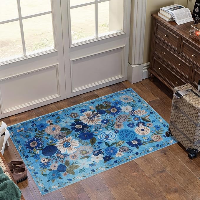 Floral Rug for Entryway, 2X3 Washable Kitchen Mat Ultra-Thin Soft, Non-Slip Indoor Door Carpet Stain Resistant Boho Small Low-Pile Throw for Bathroom Bedroom (Blue Garden, 2 x 3)