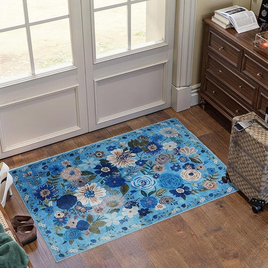 Floral Rug for Entryway, 2X3 Washable Kitchen Mat Ultra-Thin Soft, Non-Slip Indoor Door Carpet Stain Resistant Boho Small Low-Pile Throw for Bathroom Bedroom (Blue Garden, 2 x 3)