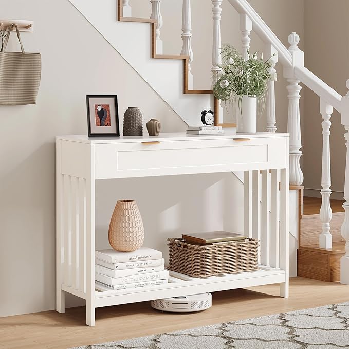 Entryway Table with Drawers Narrow Accent Sofa Table with Storage Shelf, Modern Wooden Console with Drawer Entry Table Storage Slats Shelf for Living Room,Entryway, Foyer, Hallway, White