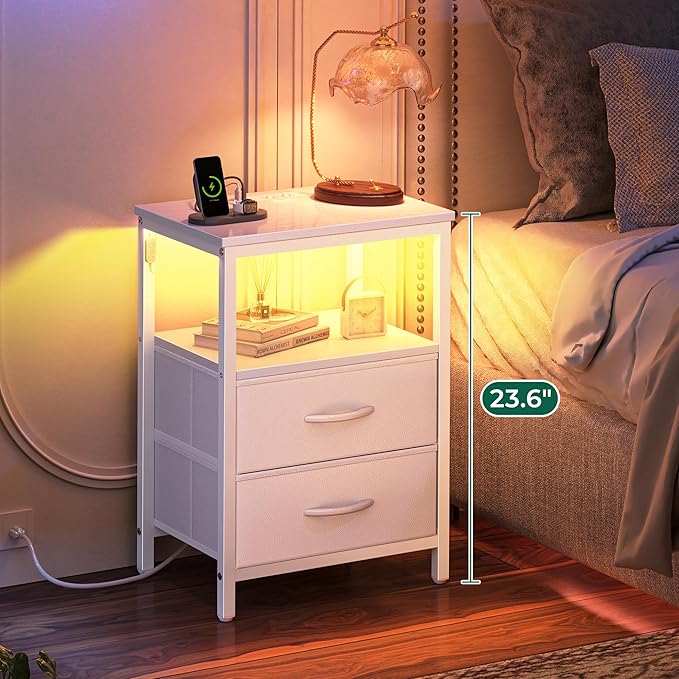 Night Stand with Charger Station and LED Lights, 2 Drawer Nightstand, Bed Side Table with Open Shelf, End Table, Fabric Dresser for Bedroom, PU Leather, White