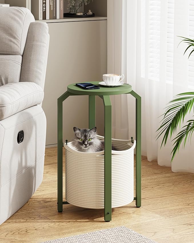 TUTOTAK Small Side Table, Round End Table, Night Stand, Bedside Table, Sofa Table with Storage Basket, Living Room, Bed Room, Olive Green TB01BOG092