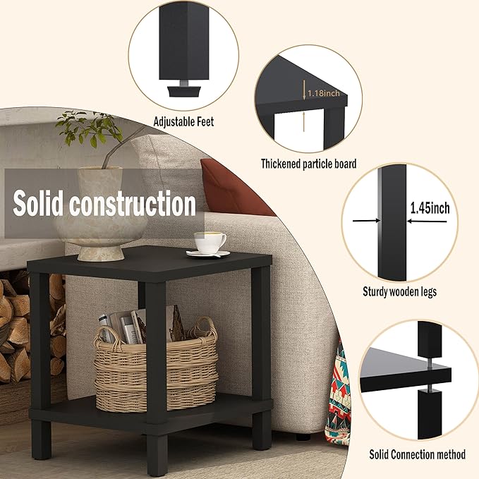 Large End Table Square Side Table Modern Sofa Table 20 Inch Industrial Coffee Table NightStand with 2-Tier Storage Shelf for Living Room Bedroom Black MLBZ06B