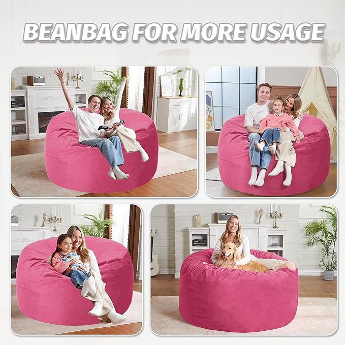 5FT Bean Bag Chair with Ultra Soft Velvet Cover Bean Bag Sofa with Memory Foam Bean Bag Chairs with Large Size Lazy Sofa for Dorm Office Living Room Bedroom Hot Pink 5'