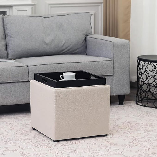 Adeco 17" Beige Square Storage Ottoman with Tray, Modern Cube Ottoman Coffee Table for Dorm, Bedroom (Beige with Tray)