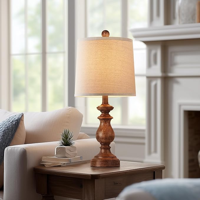 PARTPHONER Traditional Table Lamp Set of 2, Rustic Farmhouse Table Lamps for Living Room Bedroom, 22" Bedside Desk Lamps Vintage Nightstand Lamps with Linen Shades, Wood Grain