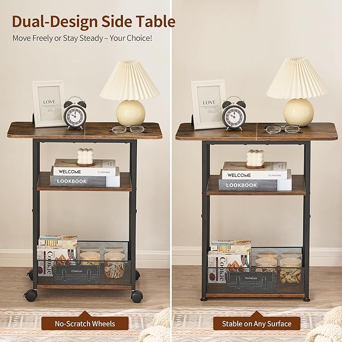 Side Table with Wheels, Narrow Side Table with 3-Layer Storage Shelves, Slim Nightstand, Metal Frame, for Small Spaces, Living Room, Bedroom, 23.6" D x 11.8" W x 25.2" H, Rustic Brown
