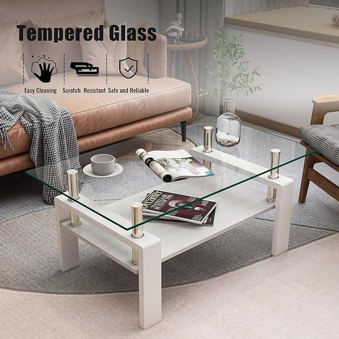Modern 2-Tier Coffee Table with Tempered Glass Top, MDF Shelf & Metal Legs, Rectangular Living Room Center Table, Sturdy & Stylish Table for Small Spaces, Lounge or Office