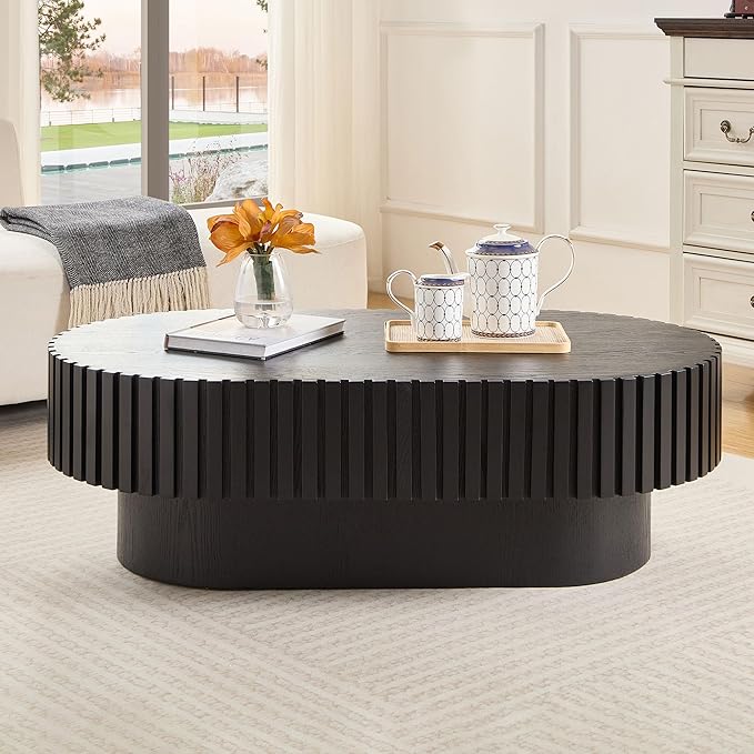 43.7'' Round Coffee Table for Living Room, Oval Coffee Table Modern Handcraft Drum Coffee Table Center Table Wood Small Coffee Table Side Table End Table with Sturdy Pedestal for Apartment,Black