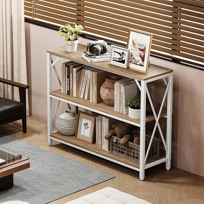 Homeiju Entry Table 40" Width, 3-Tier Entryway Table with Storage, Industrial Sofa Table with Open Shelves, Foyer Tables for Entryway, Hallway, Kitchen, Living Room and Bedroom, Light Coffee