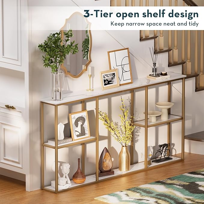 WOHOMO Gold Console Table,3-Tier Small Entryway Table for Hallway, Narrow Sofa Table Behind Couch for Living Room,Entrance(63 inch)