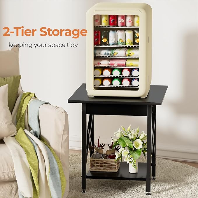 GreenForest End Table 24 inch for Living Room, Large Square Side Tables with X-Frame, Tall Industrial Bedside Nightstand with 2-Tier Storage, Black