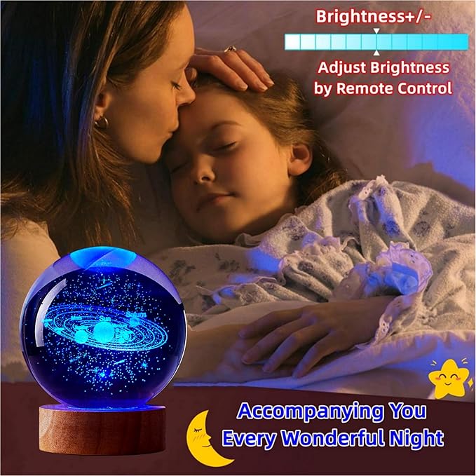 Solar System Crystal Ball Lamp with LED Wooden Base, 16 Colors Change & Remote Control Galaxy Crystal Ball Night Light, Upgraded 3.15 Inch Glass Light, Planet Gift for Kids Wife (Solar System)