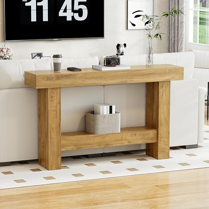 Farmhouse Console Table, 55'' Entryway Tables with Storage, 2-Tier Wooden Modern Console Tables Rectangular Sofa Table for Living Room, Entrance, Hallway (Grayish Brown)