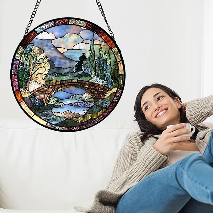 Stained Glass Window Hanging, Blue Landscape Arch Bridge Sun Catcher for Door Home Decor Suncatcher Christmas Mother's Day Birthday Gifts for Women Men Mom and Nana 6.3 in