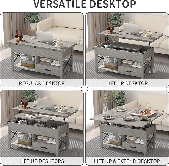 Lift Top Coffee Table with Storage, Convertible Coffee Table Converts to Dining Table, Center Table with Drawer and Hidden Compartment, Farmhouse Coffee Tables with Lifting Top for Living Room, Grey