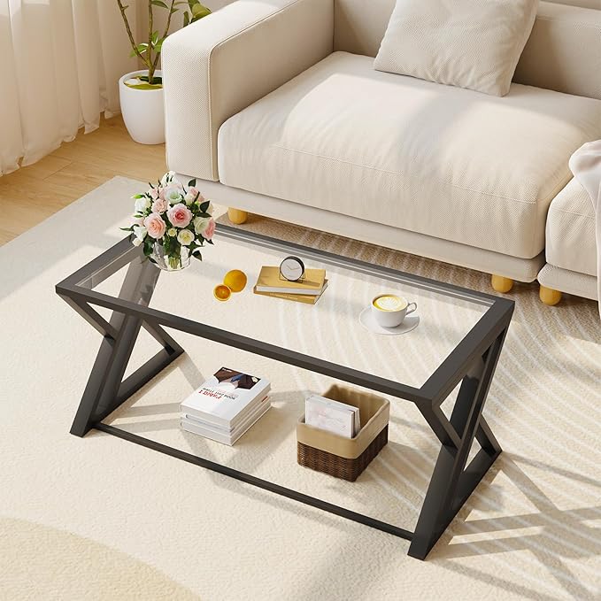 Coffee Table Black Glass Coffee Table for Living Room,Modern Rectangular Center Table with Sturdy Metal Frame,Tempered Glass Table Tea Tables for Bedroom Home Office