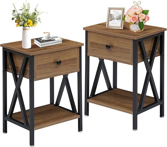 VECELO Nightstands Set of 2, Modern Bedside End Tables, Night Stands with Drawer and Storage Shelf for Living Room Bedroom, Industrial Metal Frame