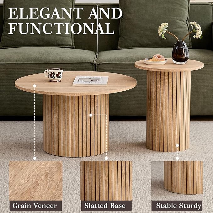 Small Nesting Table Set of 2 Mid Century Modern Wood Round Coffee Tables Boho Circle Side Table for Small Spaces Living Room Comedor Home Office(Natural)