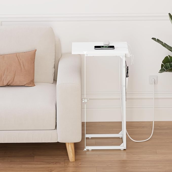 Vagusicc C Shaped End Table with Charging Station, Small Side Table for Couch, Couch Side Tables C Table, Slide Under Sofa Recliner Table TV Tray Arm Tables for Living Room, Bedroom, Bedside, White