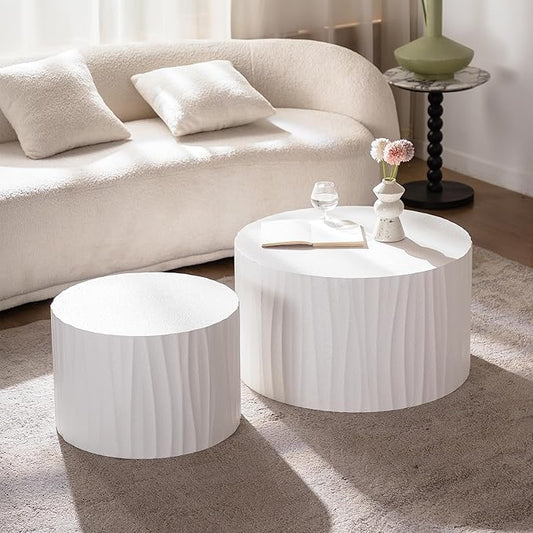 Nesting Coffee Table Set of 2, Modern Round Wooden Circle Accent Coffee Tables for Small Spaces Living Room Bedroom Balcony Office Drum Side Table