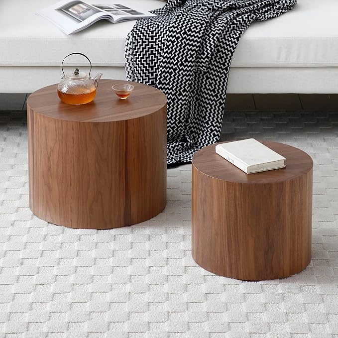 Nesting Coffee Table Set of 2, Modern Round Wooden Circle Accent Coffee Tables for Small Spaces Living Room Bedroom Balcony Office Drum Side Table