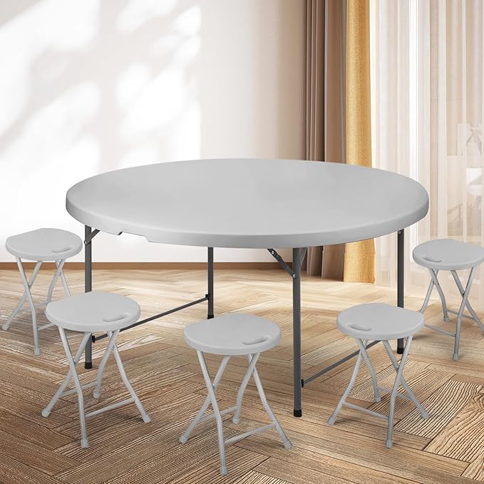 Athena Collection 5.5 ft Plastic Folding Dining Table, Large Foldable Round Card Table Portable with Carry Handle Heavy Duty Fold-in-Half for Indoor Outdoor Party Camping, Grey