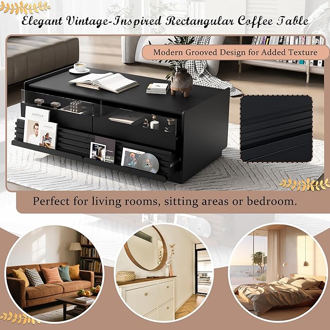 Modern Wooden Coffee Table with 4 Drawers & 2 Open Storage Shelves, 47.2-Inch Rectangular Fluted Accent Tables Center Cocktail Table for Living Room, Black