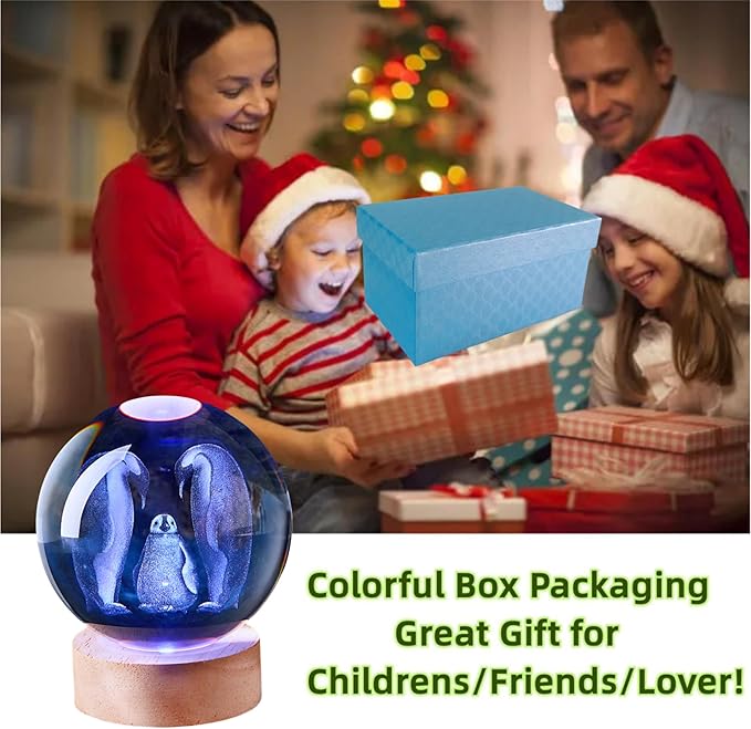 Penguin Crystal Ball Lamp with LED Wooden Base, 16 Colors Change & Remote Control Crystal Ball Night Light, Upgraded 3.15 Inch Glass Light, Gift for Kids Wife Girlfriend (Penguin)