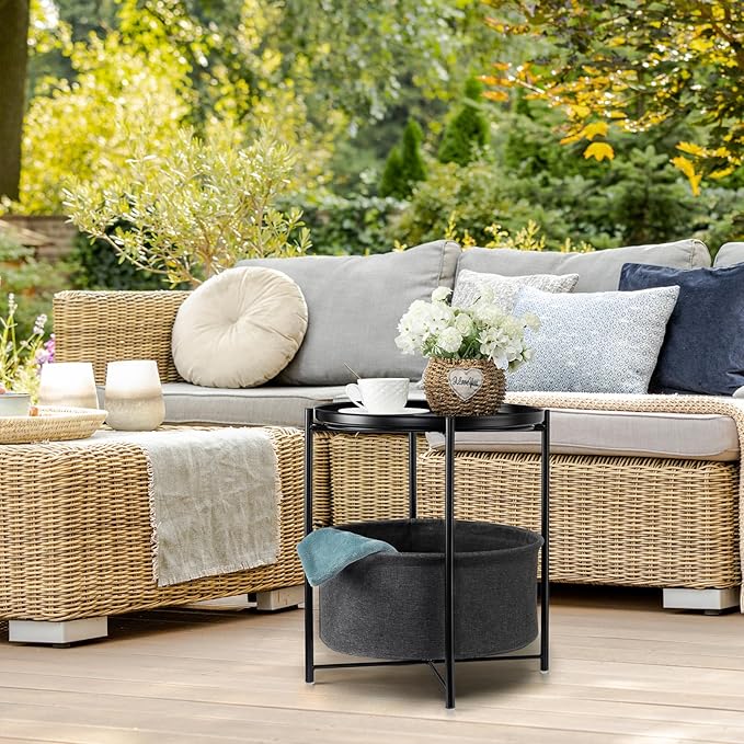 danpinera Round Side Table with Fabric Storage Basket, Metal Small Bedside Nightstand Removable Tray Top for Living Room, Bedroom, Nursery, Laundry, Ink Black