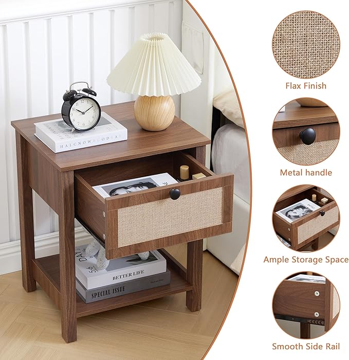 Wood Nightstand, 21.65" H End Table with Flax Finish, Modern Night Stands with Drawer, Farmhouse Bedside Table for Bedroom Living Room (Walnut)