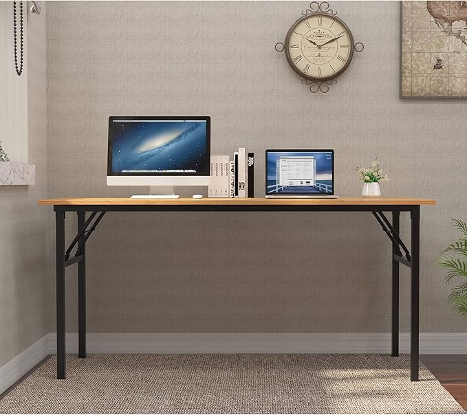 Need Home Office Desk - 62 Inches Large Computer Desk Sturdy Black Table Foldable Desk Gaming Computer Table No Assembly Required Teak AC5BB(157.5 * 60)