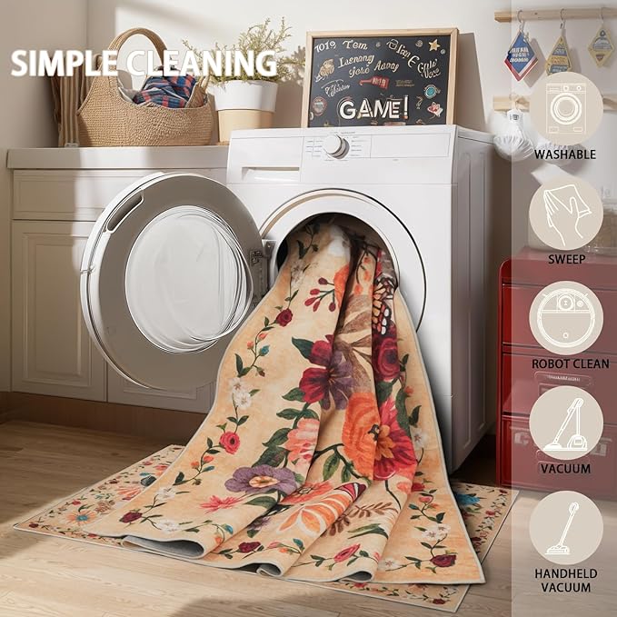 Rug for Hallways Kitchen Rug 2x8, Non Slip Washable Rugs with Rubber Backing Soft Floral Carpet Runner for Hallways, Kitchen, Laundry, Bedroom, Bathroom (2 x 8, Yellow Garden)