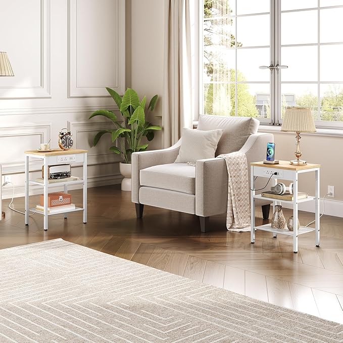 HOOBRO Side Table with Charging Station and USB Ports, Small End Table for Small Space, 3-Tier Nightstand with Adjustable Shelf, for Living Room, Bedroom and Balcony, Natural and White WN112BZ01