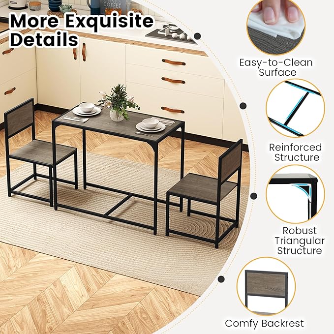 COSTWAY Small Dining Table for 2, Industrial Table and Chairs Set w/Metal Frame, Wood Grain Surface, 3-Piece Dinette Set, Space-Saving Kitchen Table Set for Small Place, Apartment, Home (Gray Oak)