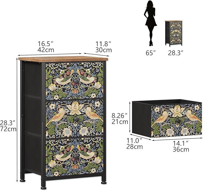 Dresser with 3 Drawers Strawberry Thief Drawer Dresser for Bedroom Vintage Nightstand Small Dressers & Chests of Drawer for Halfway Entryway Living Room Sturdy Steel Frame Wood Top, Brown