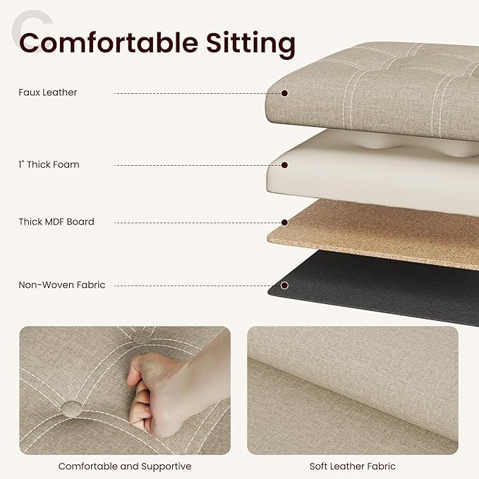 YOUDENOVA 15 inches Storage Ottoman Cube, Foldable Storage Boxes, Padded Seat for Dorm Living Room, Support 300lbs, Line Fabric Beige