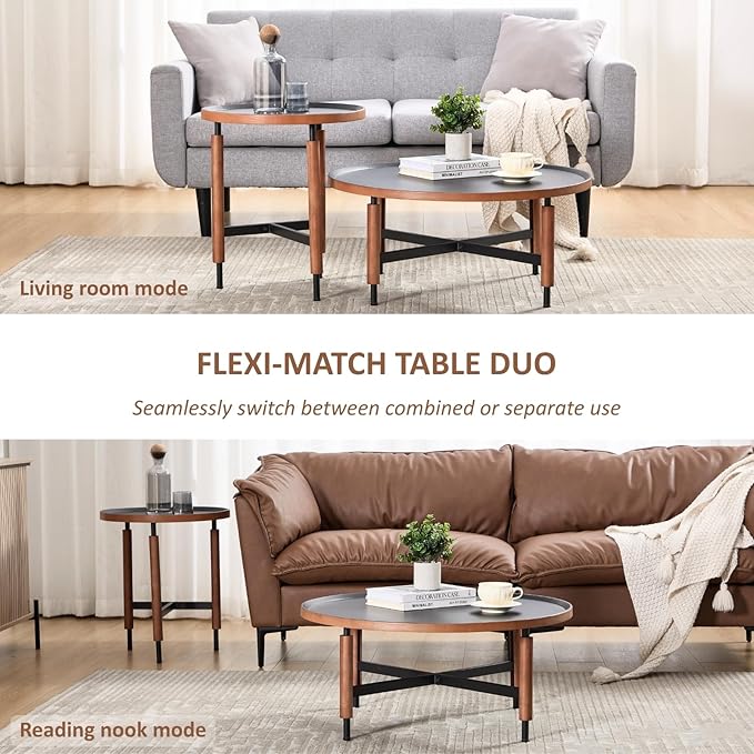 HEAH-YO 35" Round Coffee Table, Wood Tray Top Accent Table with Walnut Wrapped Metal Legs, Industrial & Farmhouse Nesting Tables for Living Room/Office Reception, Black