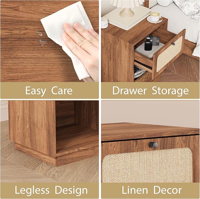 16" Wooden Night Stand with Drawer and Open Shelf, Mid Century Wooden Bed Side Table with Storage, Linen Decor Small End Table for Bedroom, Home Office, Living Room (Walnut)