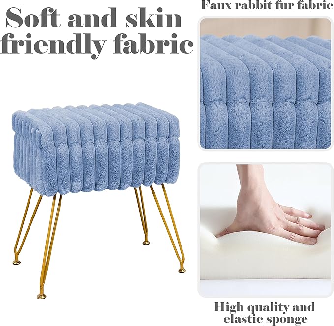 Faux Fur Vanity Stool Chair with Storage Ottoman, Vanity Chair for Makeup Room, Vanity Stools for Bedroom, Footrest with Metal Legs and as a Coffee Table, Blue