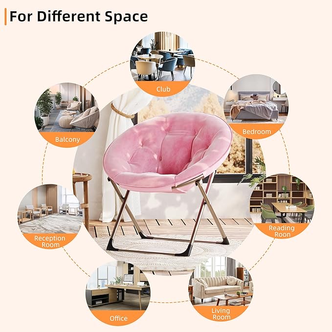 GarveeHome Comfy Oversized Saucer Chair – Soft Plush Fabric Reading Lounger for Adults, Stable X-Large Metal Frame Foldable Accent Lazy Chair for Bedroom, Living Room, Dorm, Office, Pink