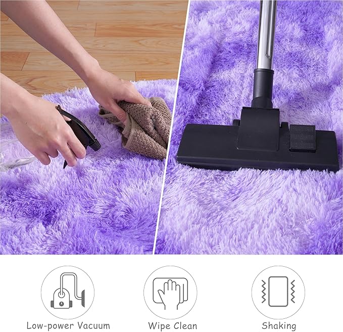 Round Fluffy Rugs 5Ft for Girls Bedroom, Tie-Dyed Purple Shag Circle Kids Rug Non-Slip for Bedside Dorm Nursery Playroom, Soft Cute Area Rugs for Living Room Decor