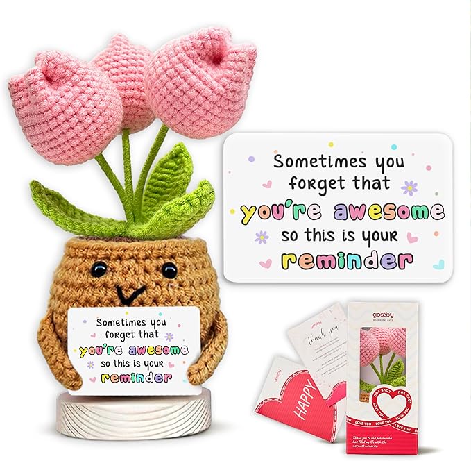 Gossby Handmade Positive Tulip Flower Crochet - Sometimes You Forget You're Awesome - Inspirational Gift for Women - Birthday, Appreciation, Positive Gift for Teacher, Mom, Friend, Coworker