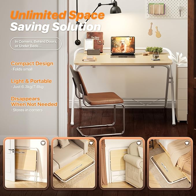 Huuger Folding Desk with 3-Level Adjustable Height and Tablet Slot, 32 Inch Foldable Computer Desk for Small Spaces, Space Saving, Writing Work Table for Home Office, Bedroom, Study, Oak