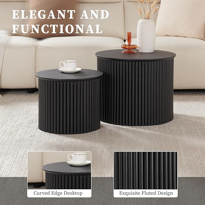 AVZEAR Round Nesting Coffee Table Set of 2, Small Fluted Coffee Table Circle Side Table, Mid Century Modern Wood Nesting Tables Farmhouse End Table Set for Living Room, Bedroom, Small Spaces(Black)