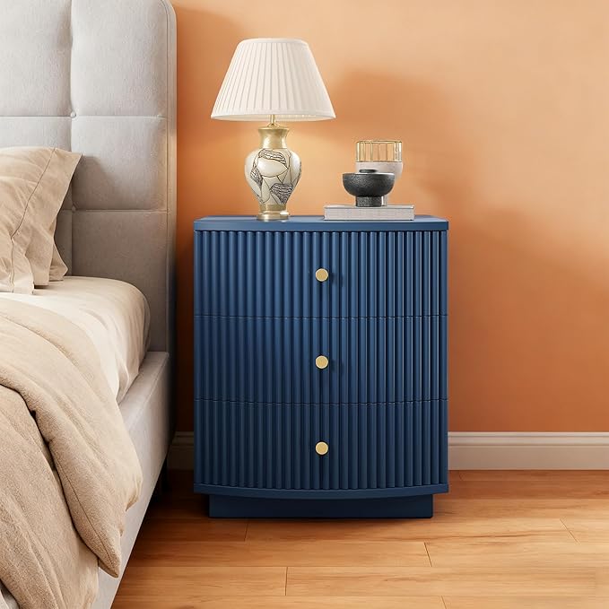 Grooved Wood End Table with 6 Drawers, Curved Edge Storage Side Table, Six Drawer Nightstand Compact Sofa Bedside Table for Bedroom, Living Room and Small Spaces, Blue X2