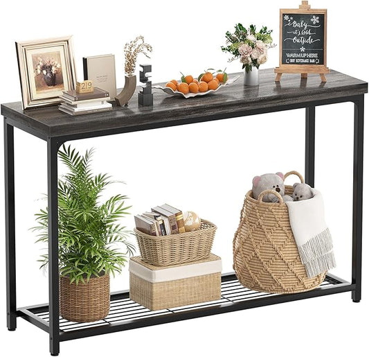 Console Table, Entryway Table, Sofa Table with Mesh Shelves, Console Tables for Living Room, Bedroom, Hallway, Entryway, Foyer (2 Tier, Oak Grey, 47 inch)
